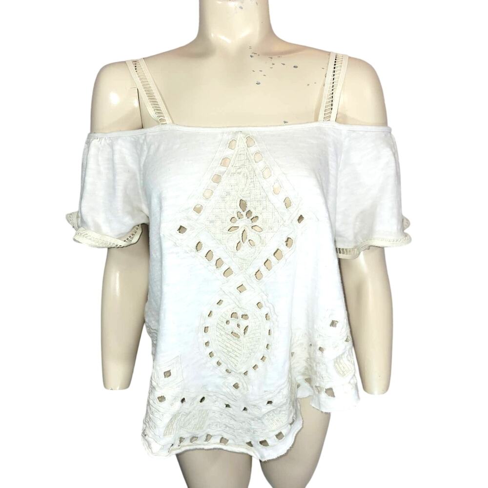 Solemio Ivory Eyelet Open Back Off Shoulder cropped Blouse v hem size‎ Medium